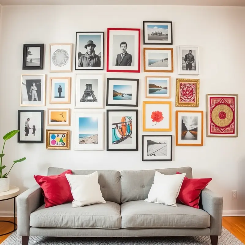 Living room with stylish peel-and-stick wallpaper.