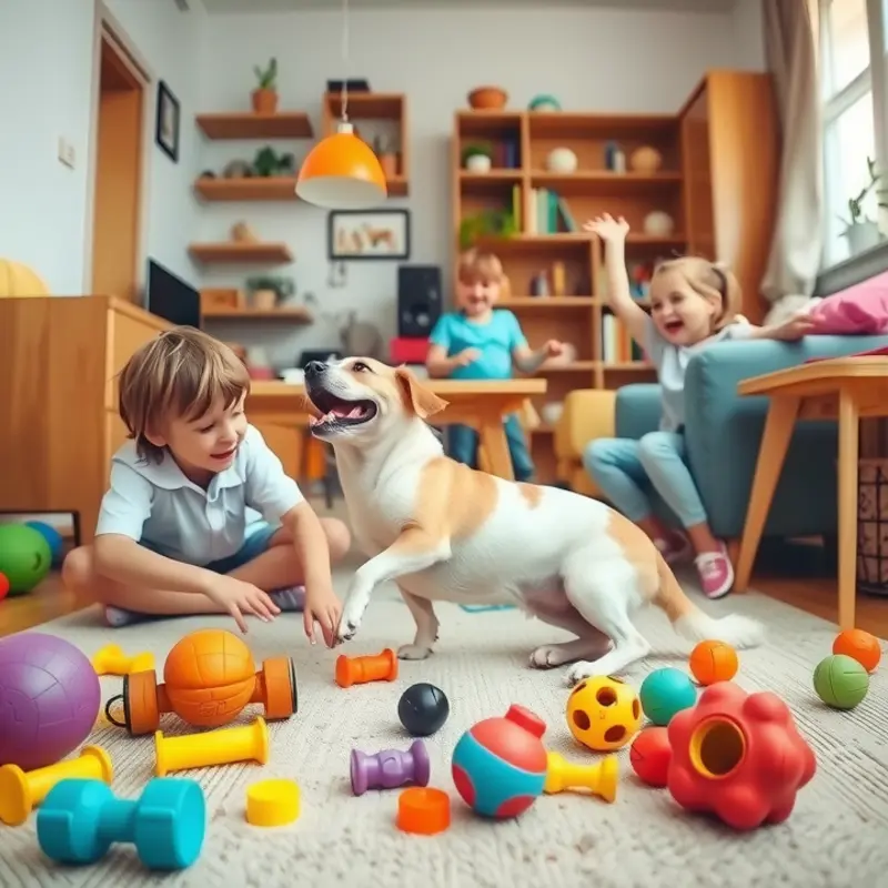 Playful interactions between children and pets in a bright, cheerful indoor setting.