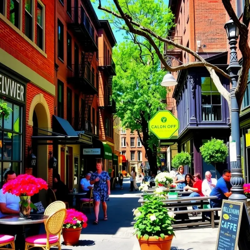 A beautiful aerial view of Greenwich Village highlighting its iconic architecture and lively atmosphere.