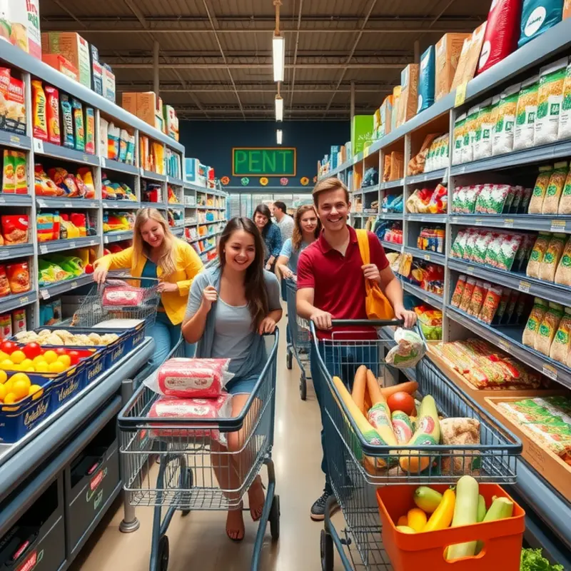 Young renters exploring grocery markets with enthusiasm, filled with healthy and budget-friendly items.