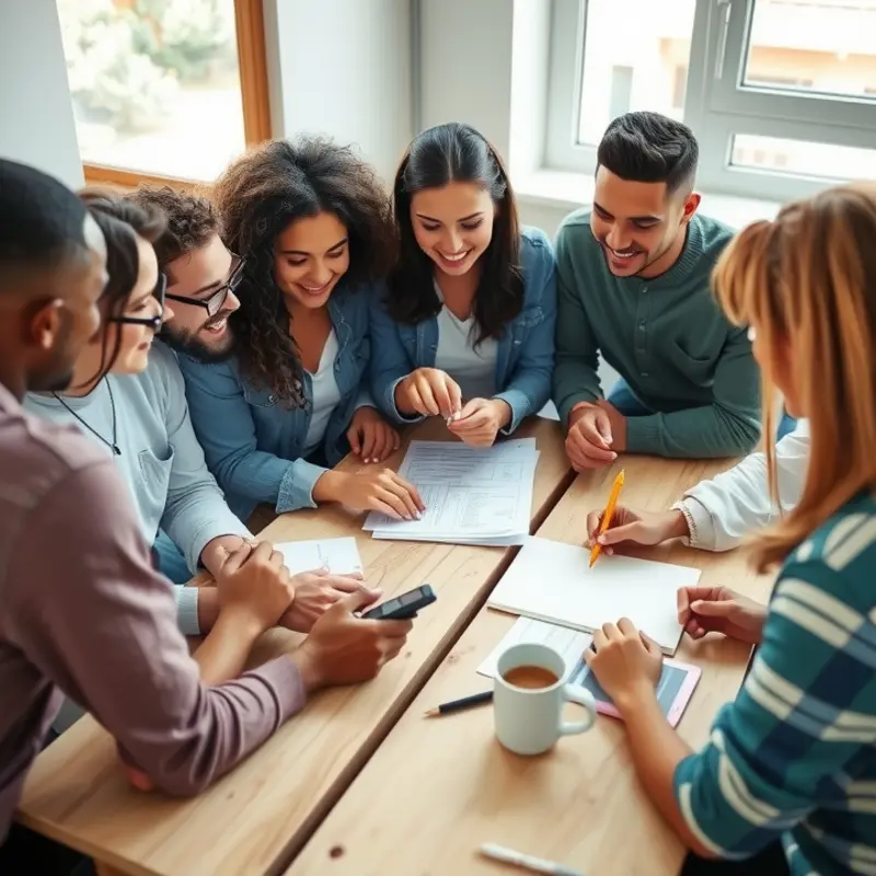 A group of young adults sharing ideas while discussing their rental options.