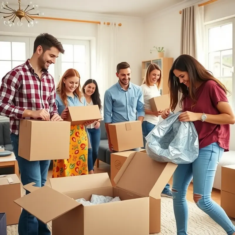 Young adults making the packing process fun with teamwork and snacks.