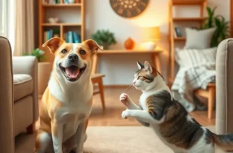A family enjoying time with their pet in a colorful apartment setting.