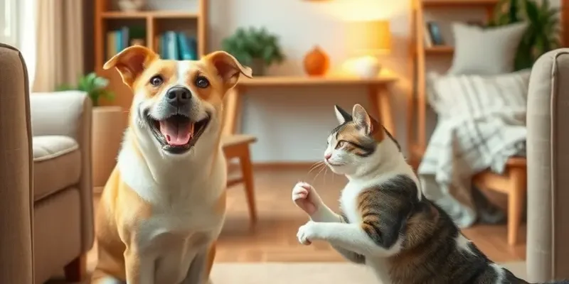 A family enjoying time with their pet in a colorful apartment setting.