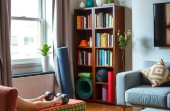 A beautifully organized apartment space with workout gear stored creatively and attractively.