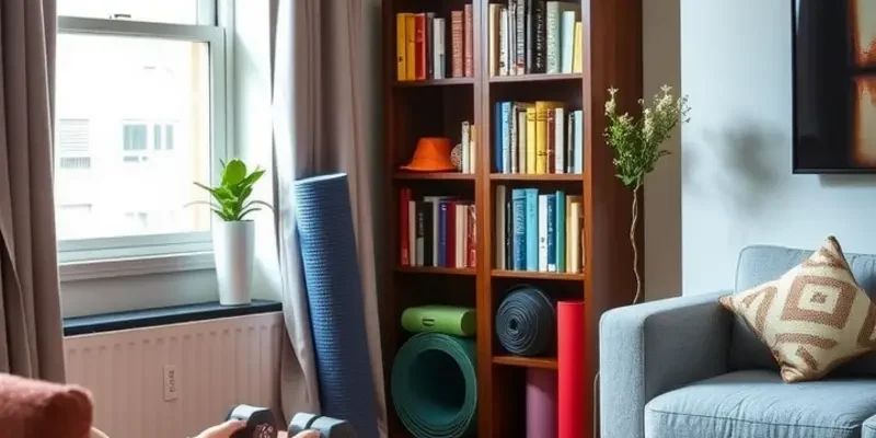 A beautifully organized apartment space with workout gear stored creatively and attractively.