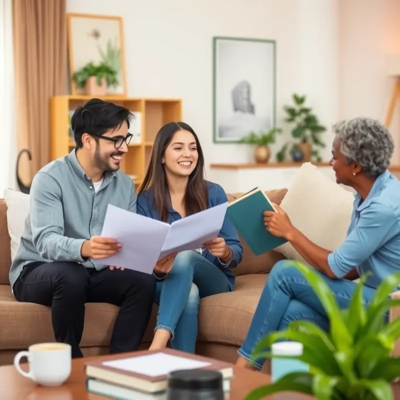 A young couple discussing their lease arrangements with a supportive family member.