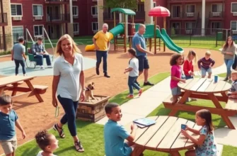 A family walking a dog while children play in the playground of an apartment community.