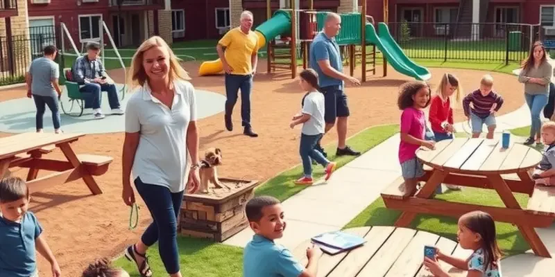 A family walking a dog while children play in the playground of an apartment community.