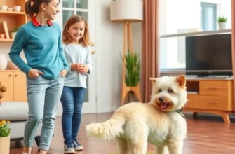A family playing with their dog in a cozy apartment.