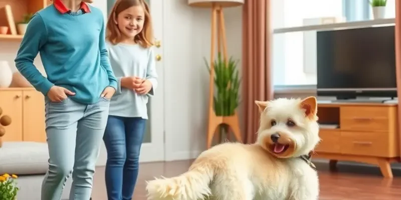 A family playing with their dog in a cozy apartment.