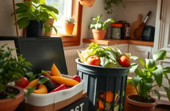 A family in an apartment happily engaging with their compost bin, with bright plants around them.