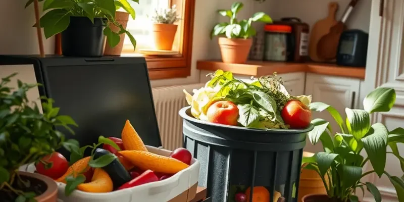 A family in an apartment happily engaging with their compost bin, with bright plants around them.