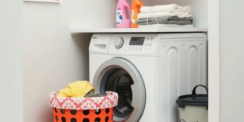 A happy family of four folding laundry together in a bright and cheerful home environment.