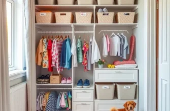 A family happily organizing a child's wardrobe in a bright and cheerful apartment setting.