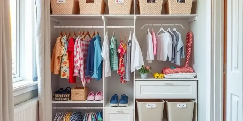 A family happily organizing a child's wardrobe in a bright and cheerful apartment setting.