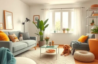 A happy family interacting with their pet dog in a bright and cheerful apartment.