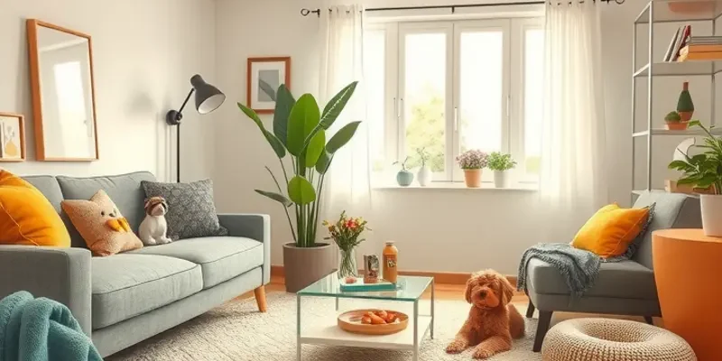 A happy family interacting with their pet dog in a bright and cheerful apartment.