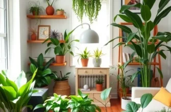 A family with a dog in a cozy living room adorned with pet-friendly plants.