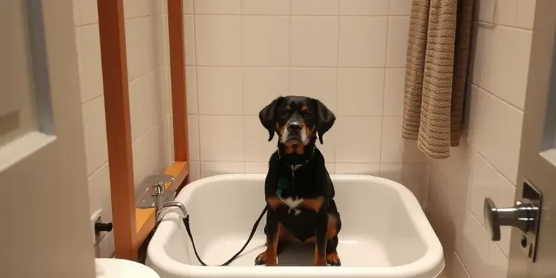 A family laughing and playing with their clean dog in a colorful apartment, capturing the joy of pet ownership.