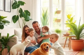A cheerful family with their pets in a bright, clean home, representing a commitment to air quality and health.