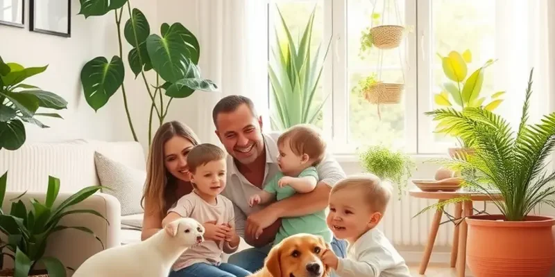 A cheerful family with their pets in a bright, clean home, representing a commitment to air quality and health.