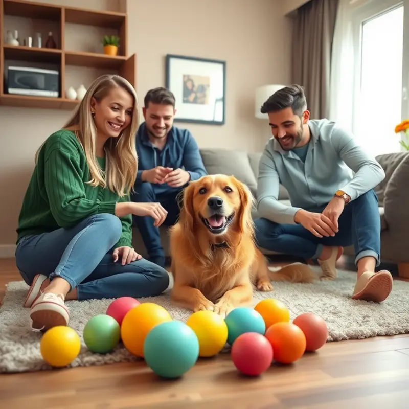 Family enjoying interactive playtime with their pet in their apartment.