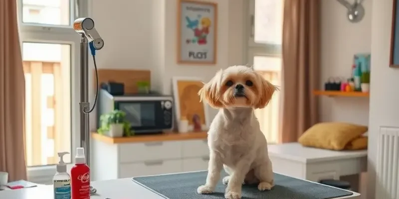 A happy family playing with their dog in a vibrant, pet-friendly apartment.