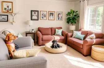 A family smiling and playing with their pets in a cozy rental environment.