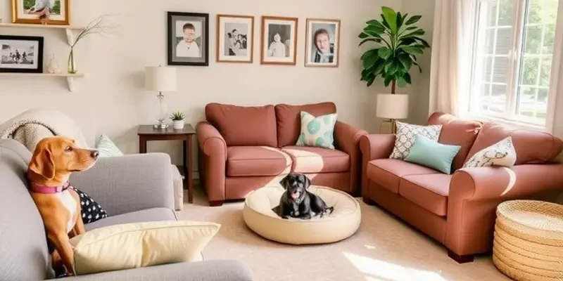 A family smiling and playing with their pets in a cozy rental environment.