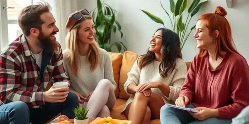 A lively living room scene with roommates enjoying each other's company.