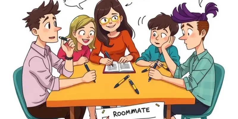 A welcoming common space where happy roommates share laughter and snacks.