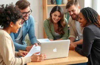 A diverse group of roommates happily discussing bills in a cozy living room.