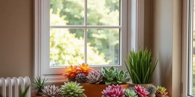 A cheerful living space filled with various plants including window planters, giving a fresh and inviting atmosphere.