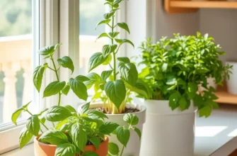 A bright kitchen filled with pots of fresh herbs on the counter, indicative of a cozy, homey atmosphere.