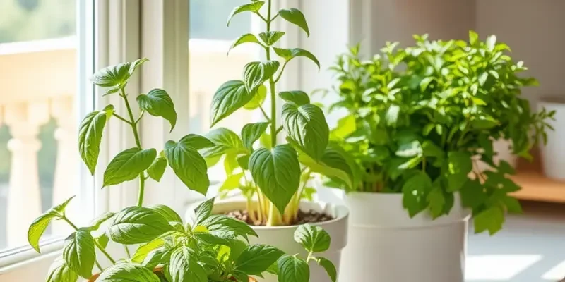 A bright kitchen filled with pots of fresh herbs on the counter, indicative of a cozy, homey atmosphere.