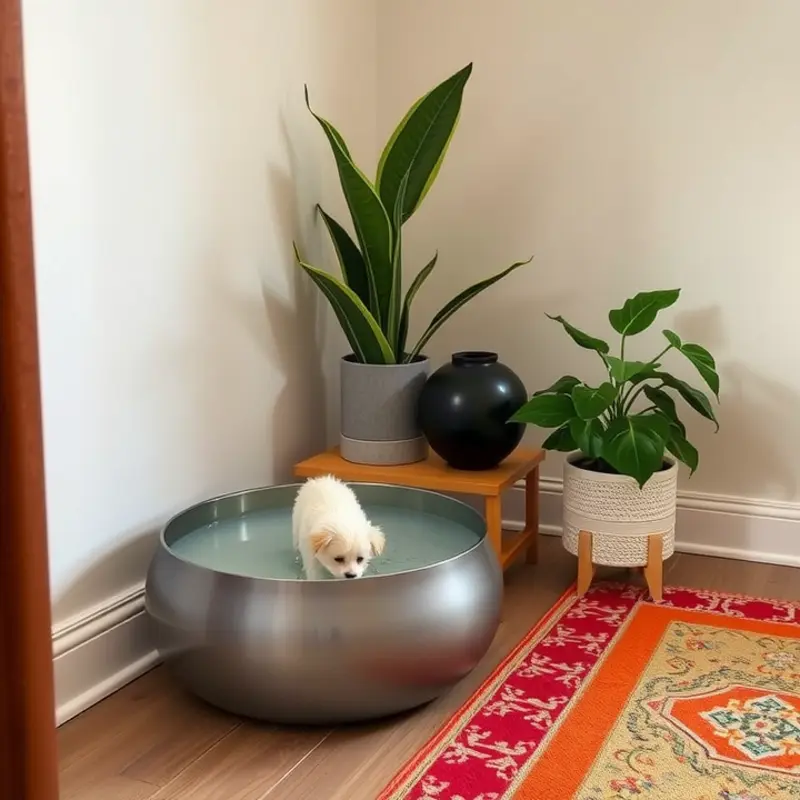 A well-organized pet hydration station in a cozy apartment setting.