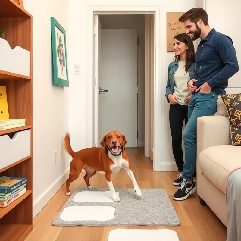 Family establishing a potty training routine for their dog in an apartment setting.