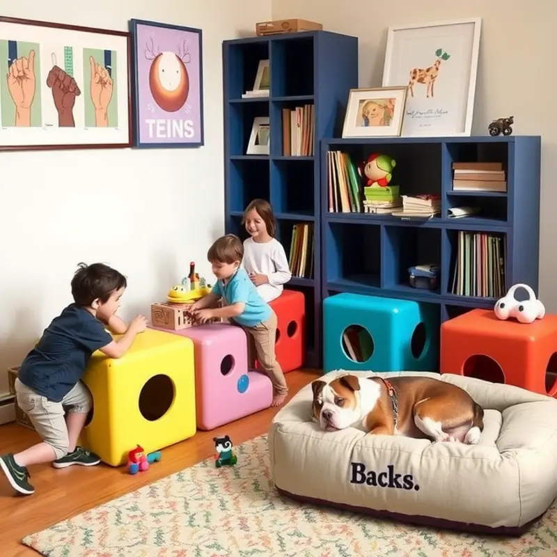 A vibrant play area in an apartment designed for safety and comfort for kids and pets.