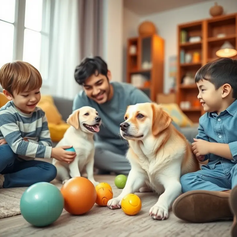 Families bond with pets through engaging interactive play.