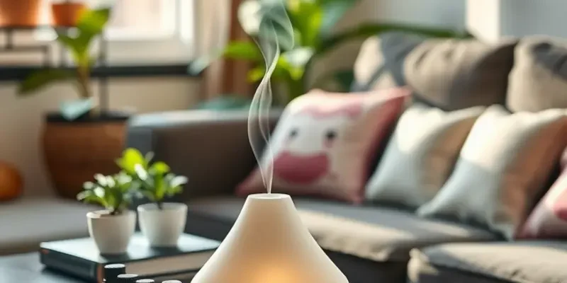 A warm and inviting apartment with aromatic candles, essential oils, and friends enjoying their time together.
