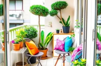 A beautifully decorated balcony filled with plants, cozy seating, and fairy lights.