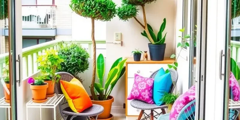 A beautifully decorated balcony filled with plants, cozy seating, and fairy lights.