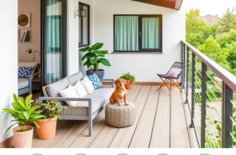 A cozy balcony with safe furniture and decorations suitable for pets and families.