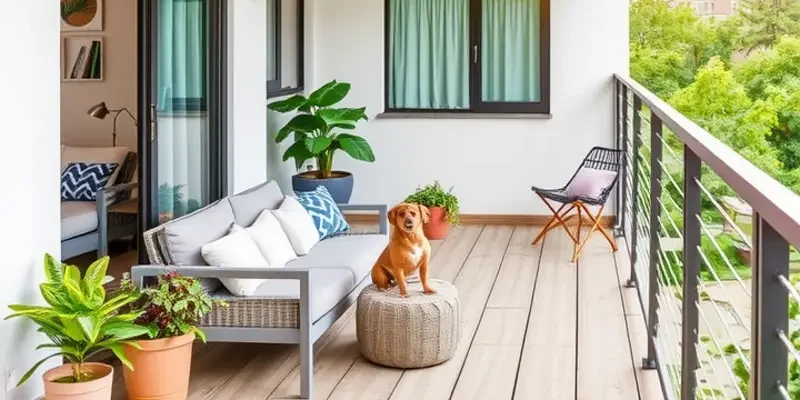 A cozy balcony with safe furniture and decorations suitable for pets and families.