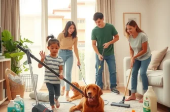 A warm living room filled with family members and their pets enjoying each other's company in a cozy, inviting environment.
