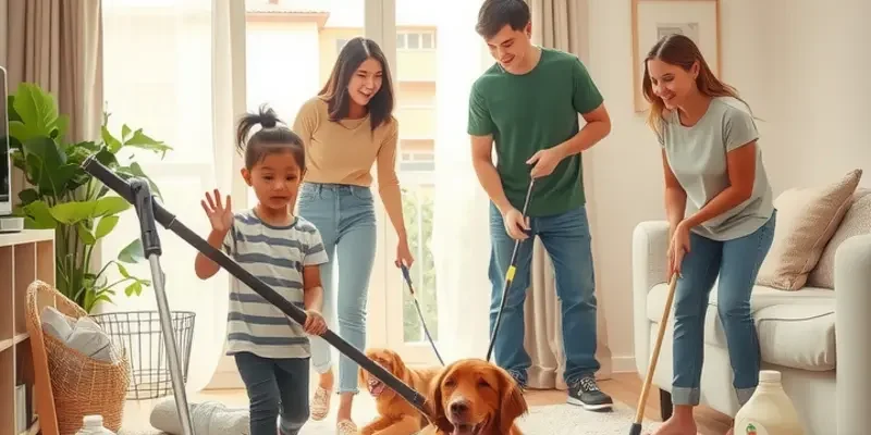 A warm living room filled with family members and their pets enjoying each other's company in a cozy, inviting environment.