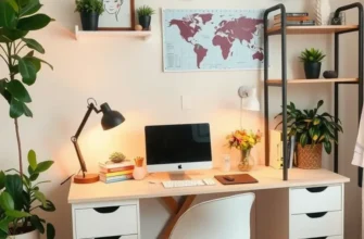 A beautifully curated home office with decorations, plants, and organized desk space inviting creativity.