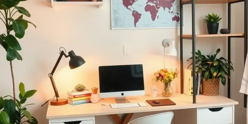 A beautifully curated home office with decorations, plants, and organized desk space inviting creativity.