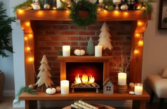 A living room featuring a faux fireplace decorated with lights and seasonal decor, creating an inviting and warm atmosphere.